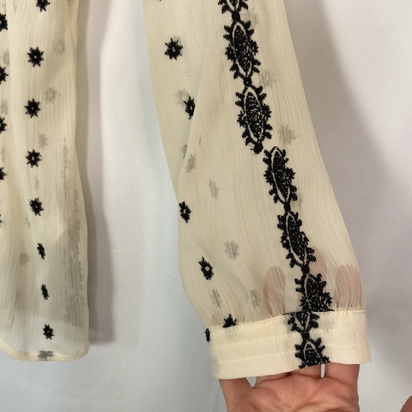 Democracy Sheer Cream Blouse with Black Long Sleeve Embroidery Size M - Picture 5 of 12